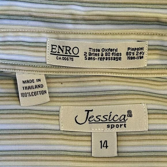 Jessica Sport 100% cotton green and yellow striped button down shirt-Size 14 - Picture 8 of 10